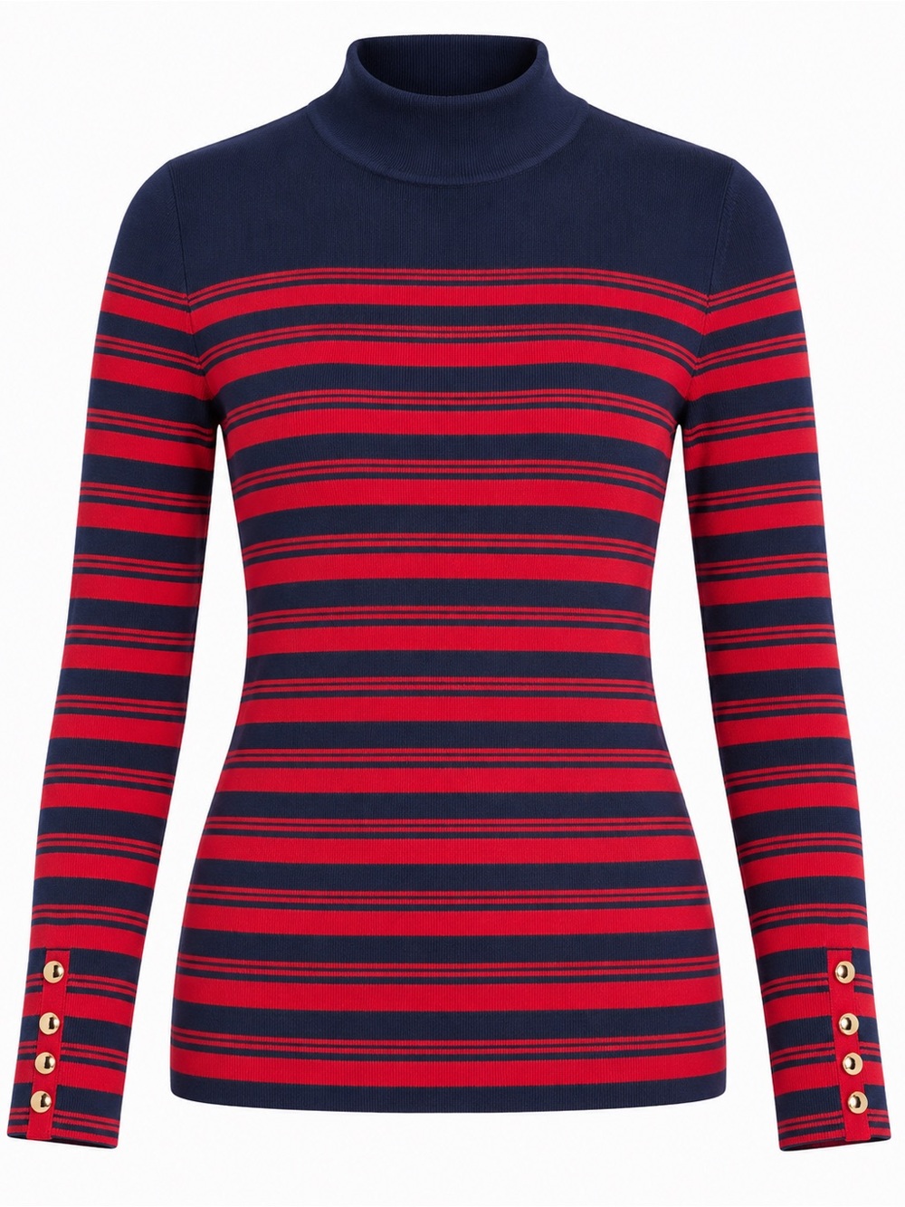 Splash Striped Mock Neck Sweater Navy Red Gold Buttons US 12